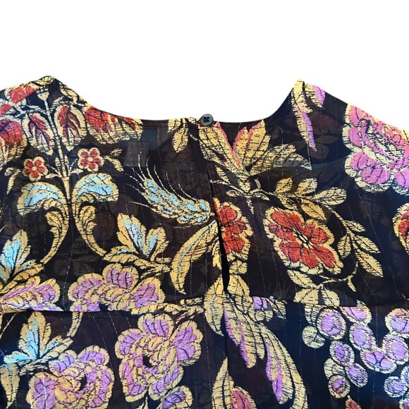 Belle + Sky Boho Semi Sheer Metallic Woven Floral Bell Sleeve Top XS - Picture 4 of 7